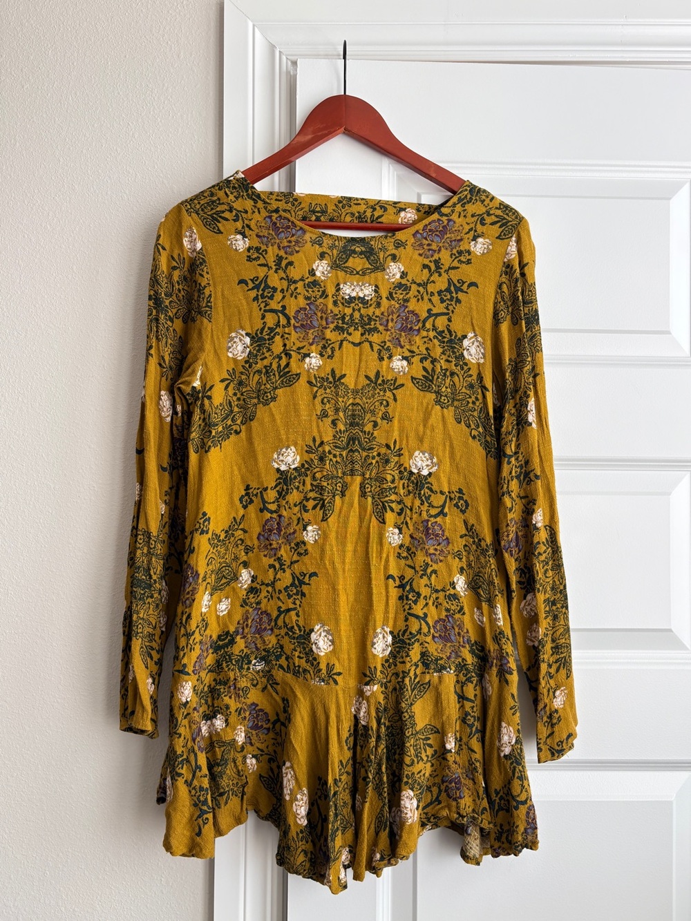 Free People Mustard Floral Open Back Ruffle Mini Dress Tunic S
